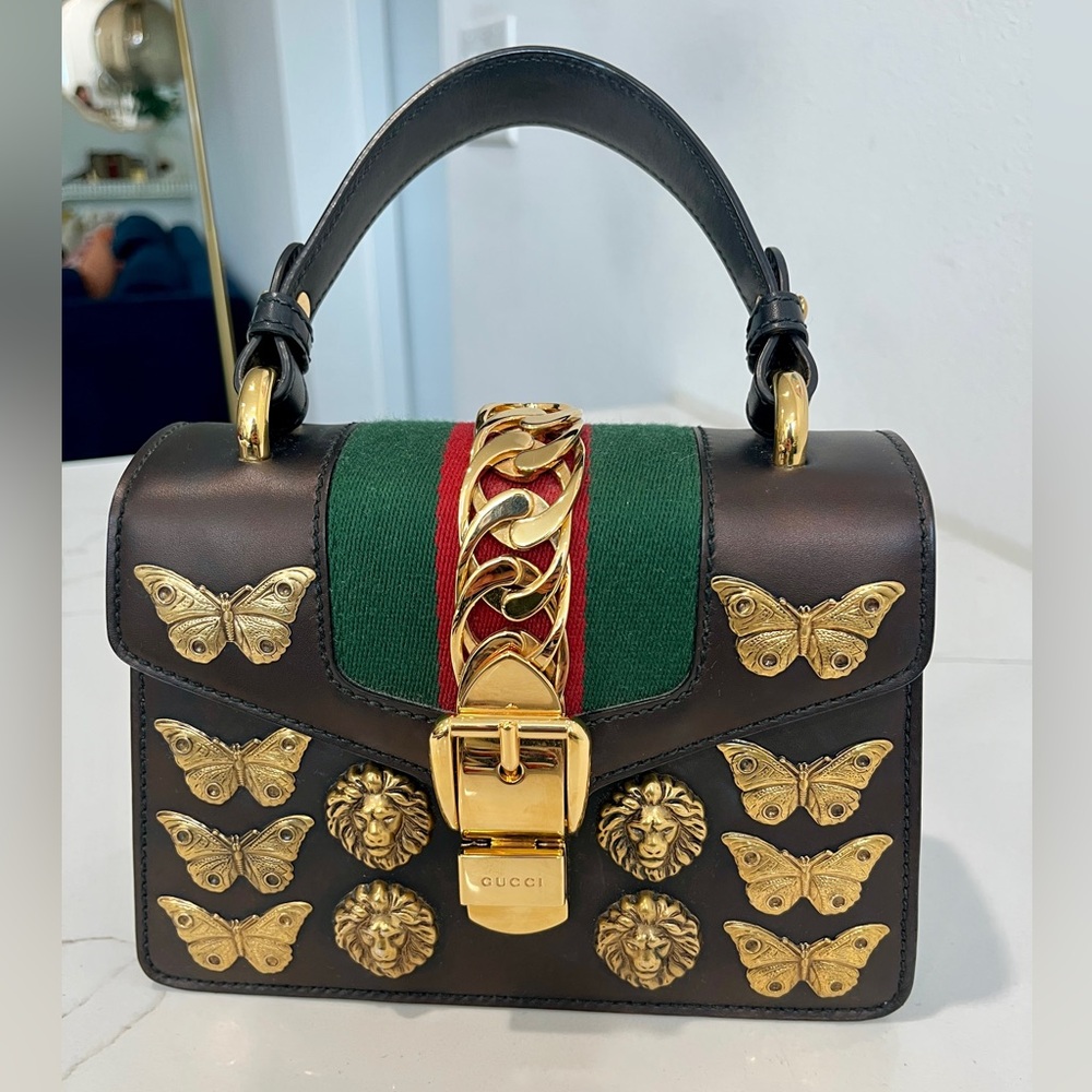 GUCCI Sylvie Embellished Top Handle Handbag Small Black RARE